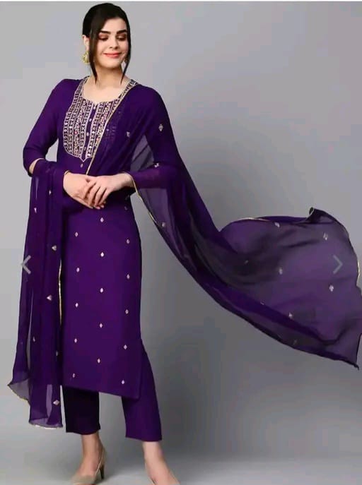 Kala Women's Violet Cotton Blend Embroidered Straight Kurta With Trouser &amp; Dupatta